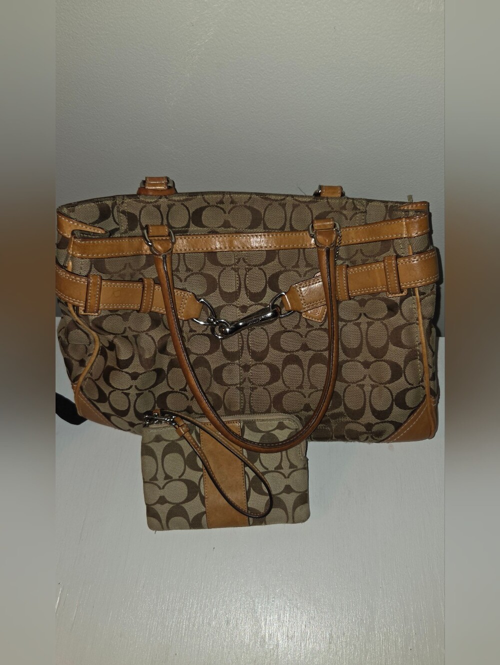 Coach Brown Signature Canvas Tote With FREE Coach Wristlet, Tan Leather Trim